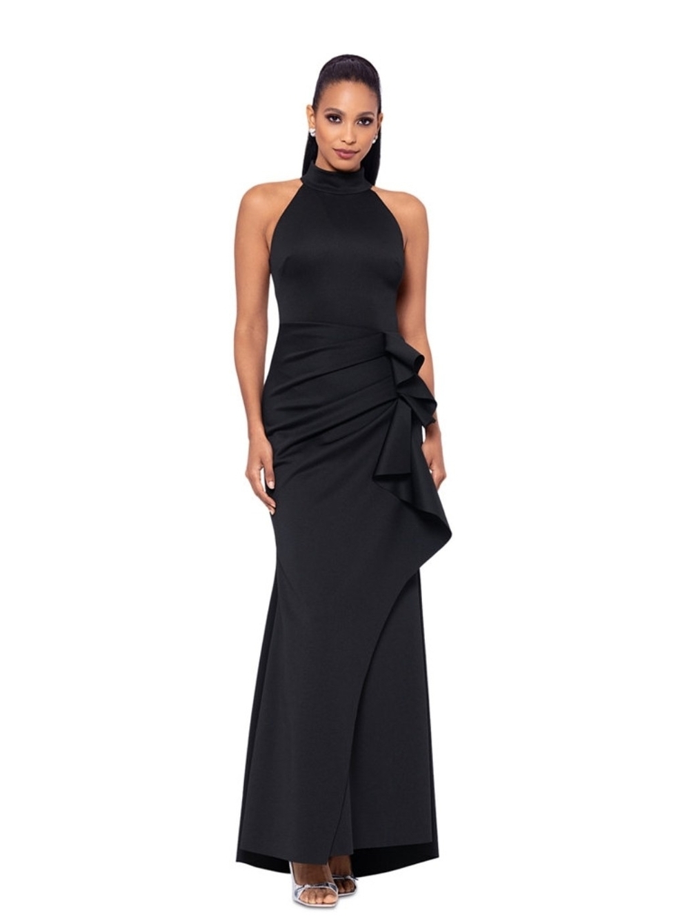 XSCAPE Ruffled Sleeveless Scuba Black Halter Neck Ruffle Evening Gown Size 14